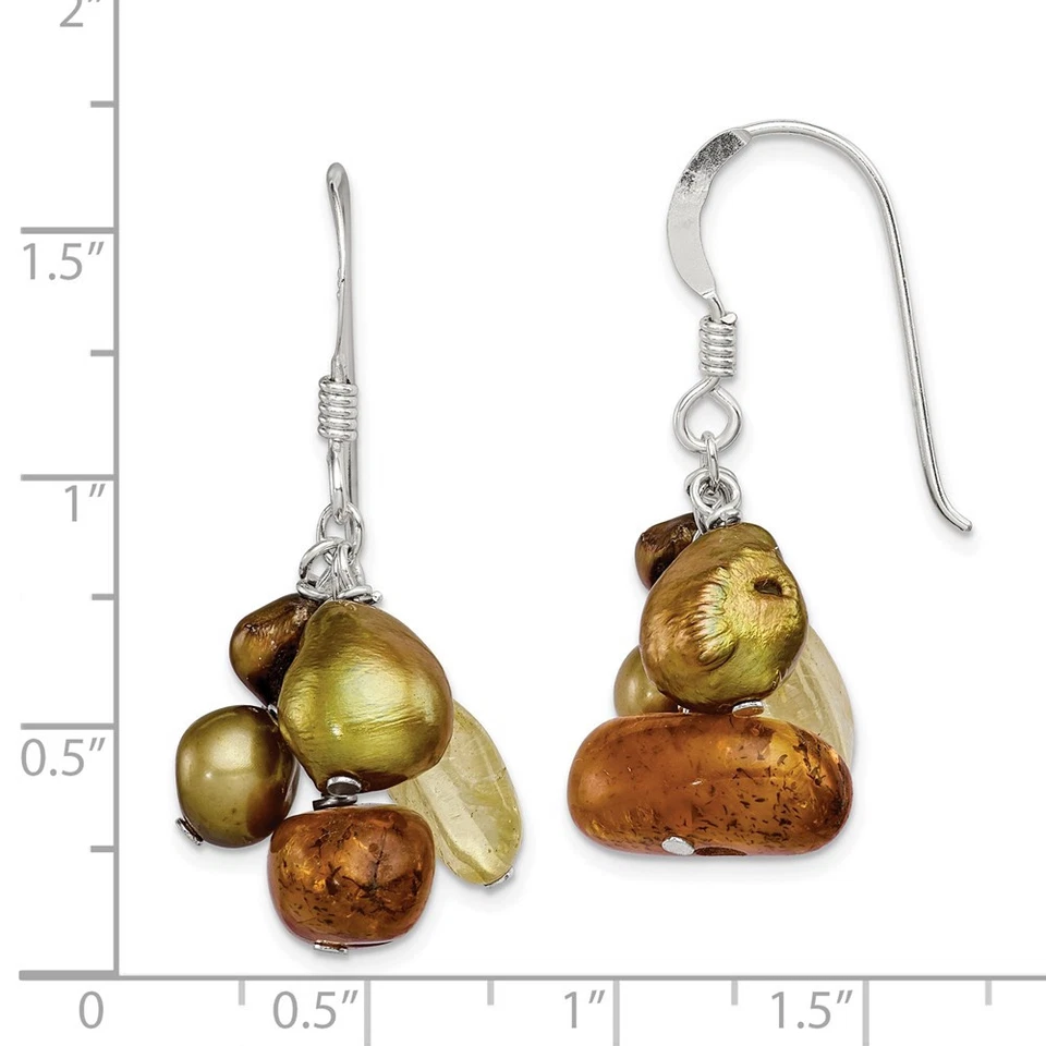 Sterling Silver Polished Amber, Citrine & Cultured Pearl Drop & Dangle Earrings - Image 4 of 4