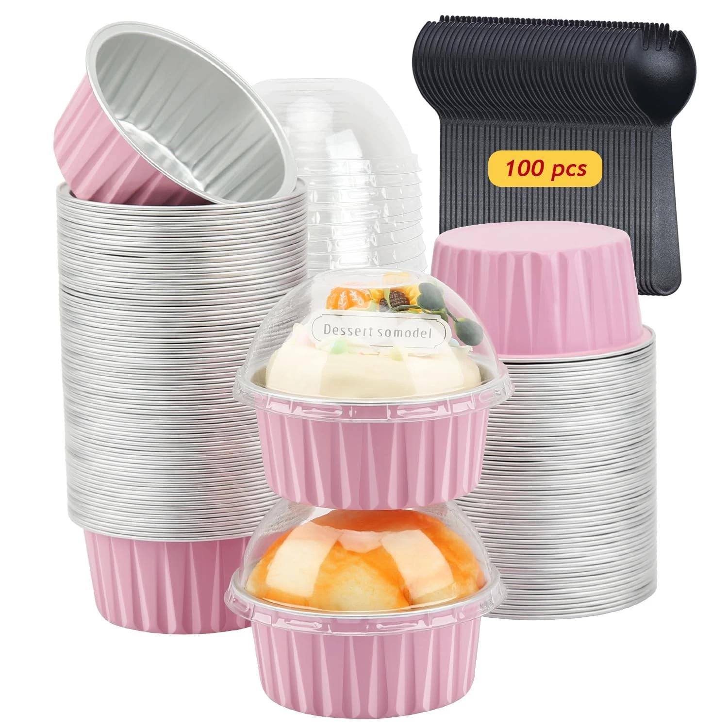5oz Cupcake Pans with Dome Lids 100 Pack,Aluminum Foil Small Cake Baking Tin,...