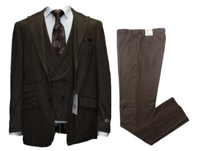 Mens Brown 3pc Plaid Design Modern Fit Designer Suit by Needle & Stitch