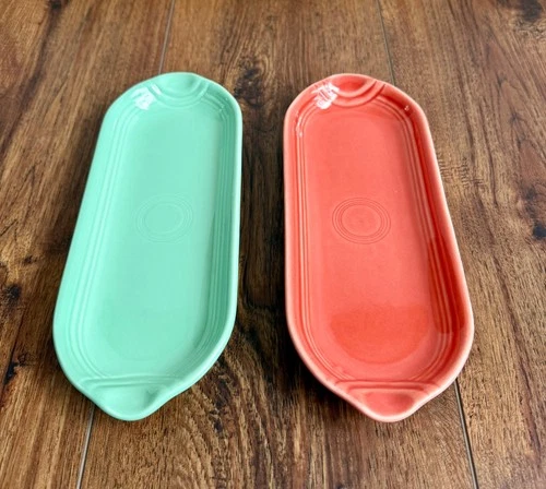 Vintage Fiesta Corn Cob Relish Utility Bread Tray Persimmon and Green Set of 2