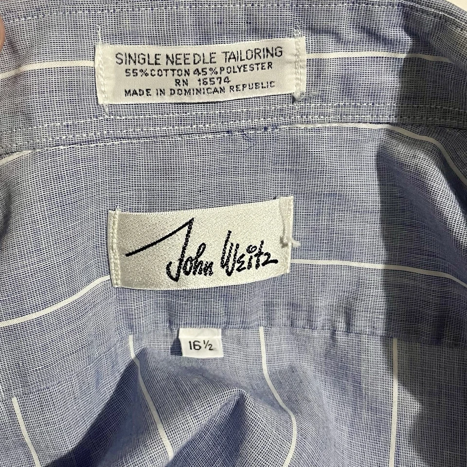 复古 John Weitz 男式衬衫大号蓝色白色条纹纽扣休闲海岸 — 第 4/4 张图片