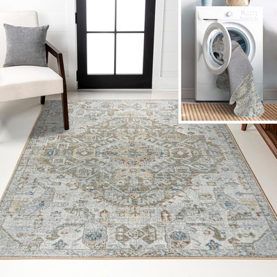 8x10 Machine Washable Bohemian Area Rug, Cream/Brown/Green