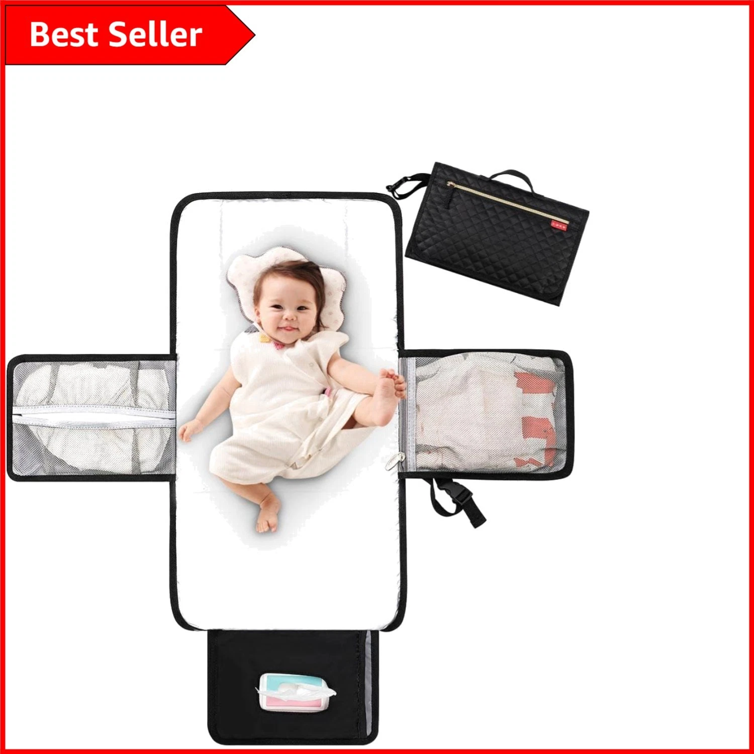 Travel Baby Changing Mat with Wipe Pocket & Head Cushion - Quilting Black