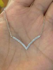 1Ct Round Cut Diamond V Bar Pendant Necklace 14K White Gold Finish Free Chain