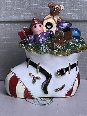 Ciel Collectables Holiday Boot Trinket Box Hand Done Enamel  Swarovski Crystals 