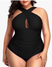 Daci Black Plus 18W One Piece Swimsuit H Ruched Tie Keyhole Tummy Control