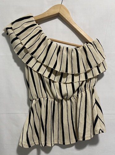 Maeve by Anthropologie Rita Ruffled Striped One Shoulder Shirt Size Small - Picture 3 of 7