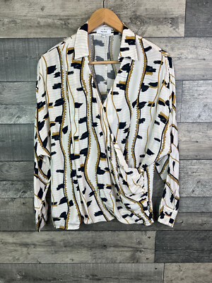 Reiss Damen Bluse Top Größe UK 6 Beige Schwarz Abstraktes Muster Wickel Langarm