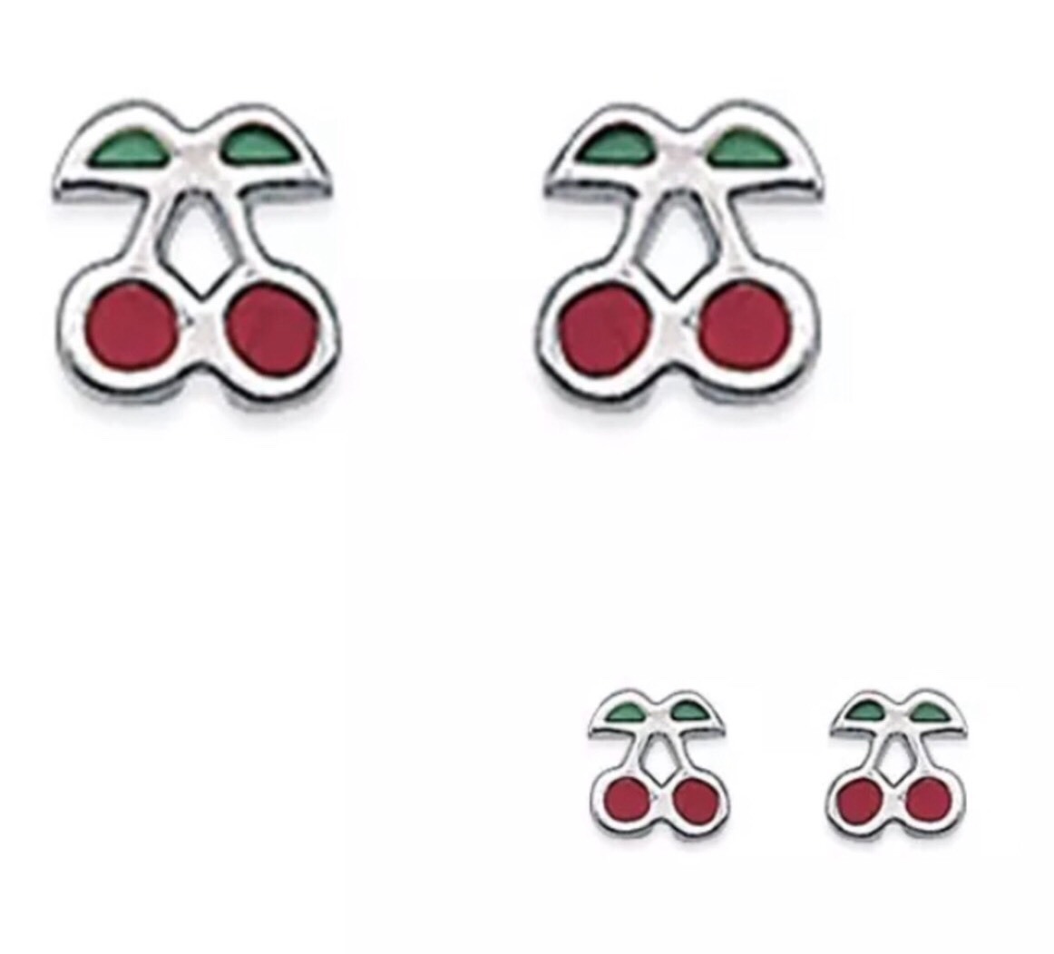 Boucles d'oreilles cerise en argent massif 925 et émail véritable de joaillerie
