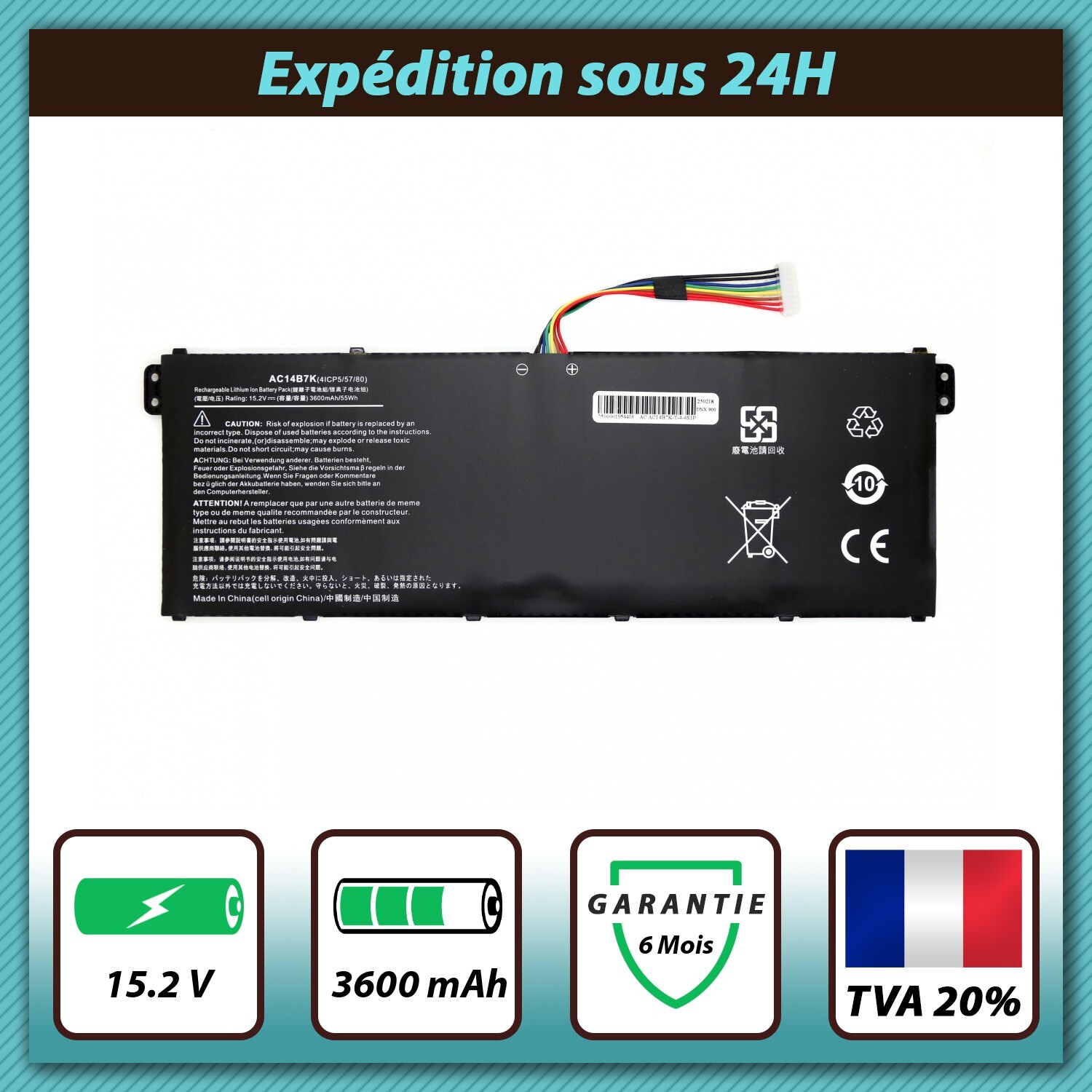 Batterie AC14B7K pour Acer Swift 3 SF314-55 haute capacité 15.2V 3600mAh stable