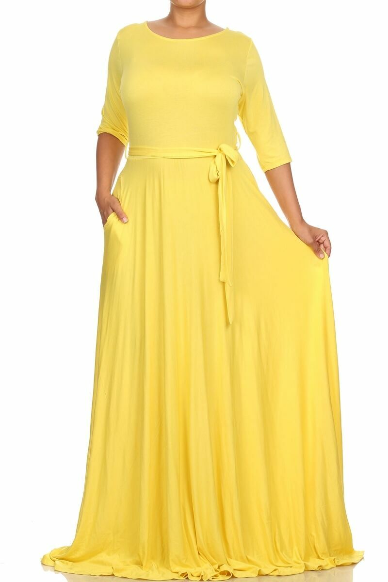 Plus Size Yellow Fit Flare Belted Maxi Dress XL 1X