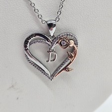 Rose Heart Initial Letter D Pendant Necklace 18" CZ Love You In Gift Box