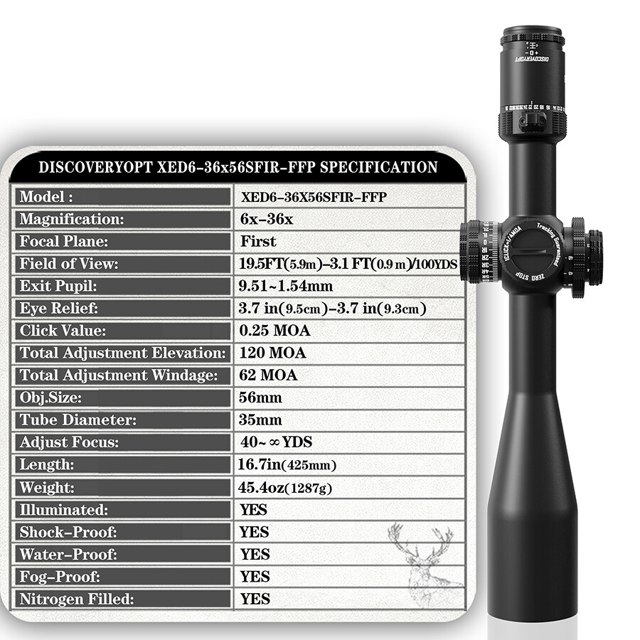 DISCOVERY XED 6-36X56SFIR FFP .50BMG MOA Zero Stop Shooting Hunting Rifle Scope