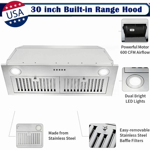 Built-in / Insert Range Hood 30 inch Integrated Hood 600 CFM 3-speed Vented hood