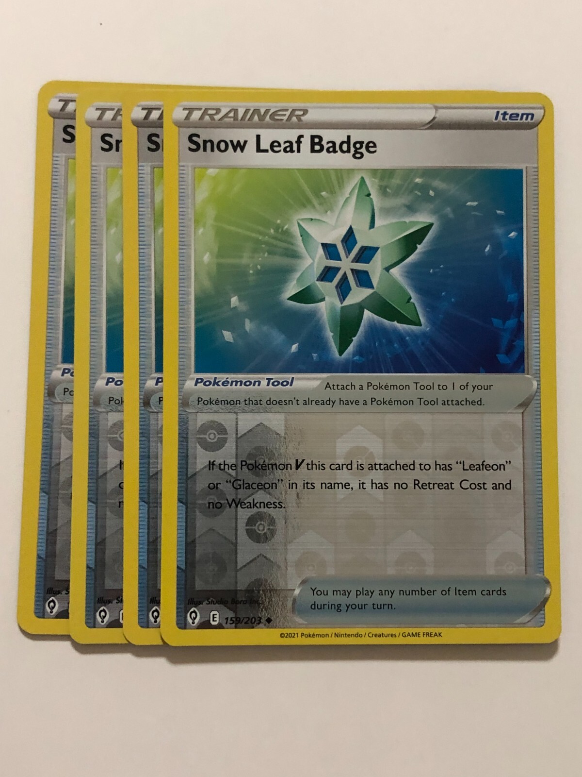 Pokemon Card Evolving Skies 4x Playset Reverse Holo Snow Leaf Badge 159/203 NM