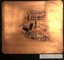 Pochoir ancien JOYEUSES PÂQUES avec un lapin chasseur - pour gâteaux - en laiton