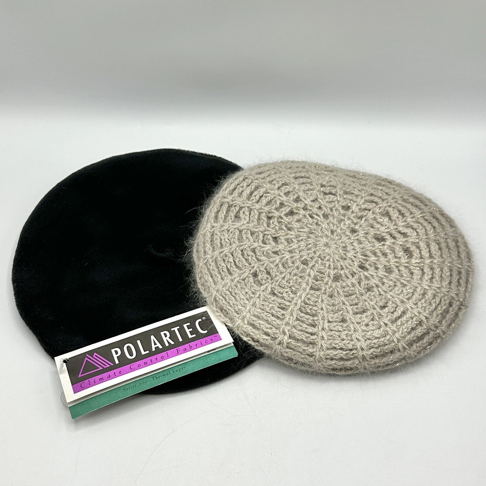 2 Vintage 1990s Winter Berets Beige Angora/Lurex & Black Polartech Fleece NWT/cb