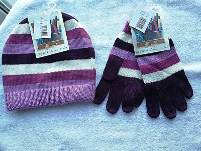 Nolan Beanie Hat & Glove Set Active Stretch 100% Acrylic Purple Pink Stripes NWT