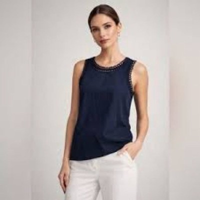 Cinq À Sept Ellina Navy 100% Silk Top Crochet Trim Details Business Dressy Small