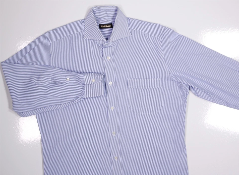 Paul Stuart Blue White Striped Slim Fit Cotton Dress Shirt (39) 15.5- - Image 3 of 4