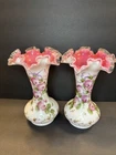 RARE Pair of Vintage Fenton Vases c. 1940-42, Charleton Rose 4427 Labels Initial