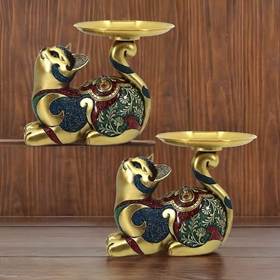 2-PC Gift Set 7''W Gold and Red Cat Figurine Ornament Home Decor Unique Gift