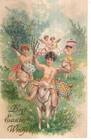 ANTIQUE EMBOSSED EASTER Postcard     FIVE CHERUBS RIDING ON LAMBS, COLORED EGGS