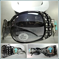 Classy WESTERN Rustic Bling COWGIRL Style SUNGLASSES Black Frame Turquoise Cross