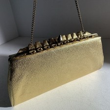Vintage Metallic Gold Ruffled Clutch Handbag Purse Chain Handle