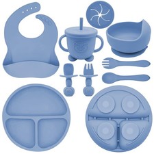 Silicone Baby Feeding Set Weaning Supplies Suction Bowls Divided Plates Blue