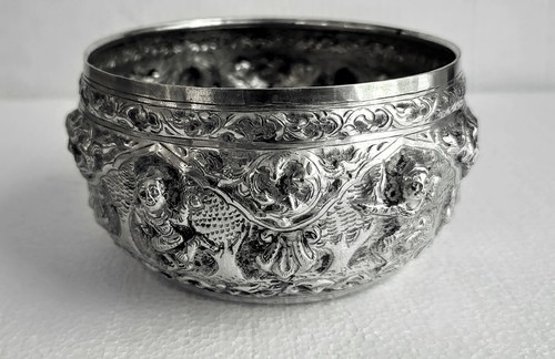 Antique 900 Silver Burma Myanmar Siam Thai Alms Beggar Bowl Repousse Signed - Picture 6 of 9