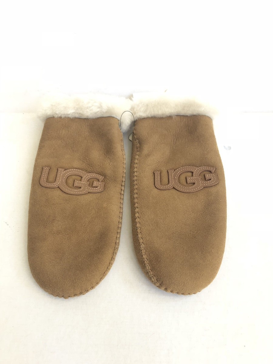 UGG CLASSIC HERITAGE LOGO PATCH MITTEN CHESTNUT SHEARLING SUEDE