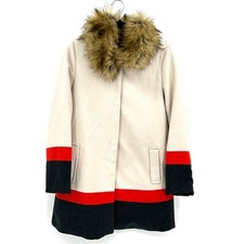Topshop Cream Red Gray Stripe Snap Button Removable Faux Fur Collar Coat Size 6