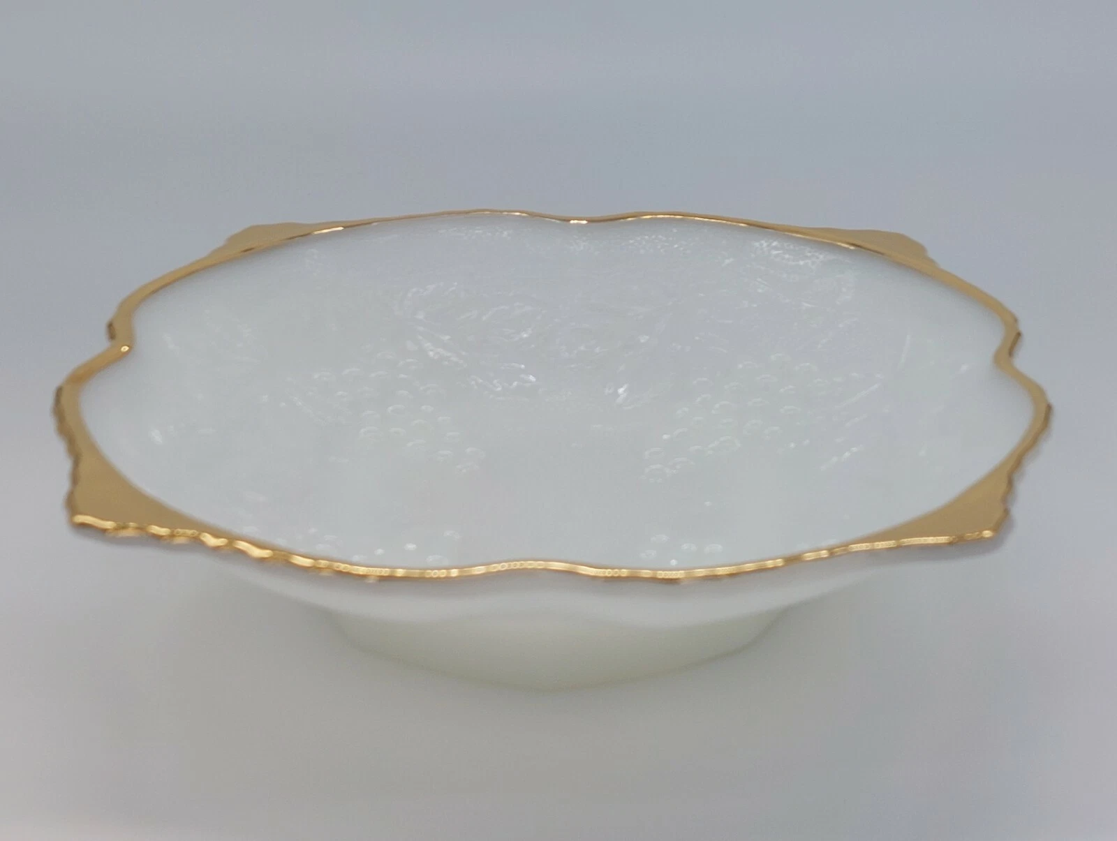 Vintage Anchor Hocking Milk Glass Footed Bowl with Gold Trim Grape Pattern