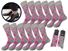12 PK Dress Socks Diamond Argyle GRAY PINK 10-13 Cotton Wedding Socks
