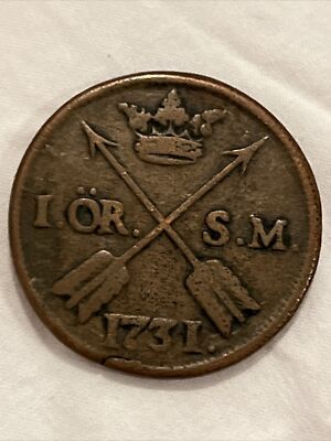 Sweden Frederick I Copper 1731 S.M. 1 ORE Early Date Type KM#416.1  B11