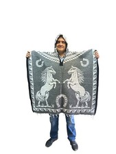 MEXICAN PONCHO WITH HOOD , HORSE PONCHO , BLANKET , ONE SIZE , GRAY