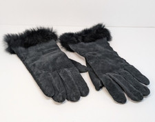 Gloves Ladies Vintage Pig Suede Leather Fur Cuff Trim Large Black Thinsulate