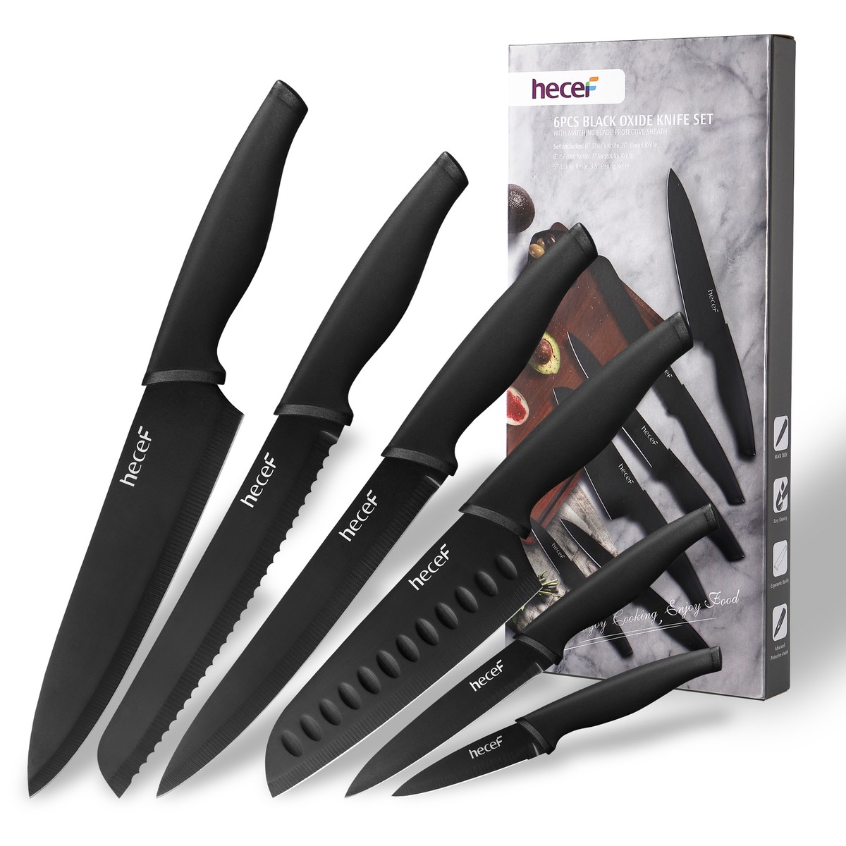 Hecef Steak Knives Set of 8, Serrated Sharp Blade Black Oxide