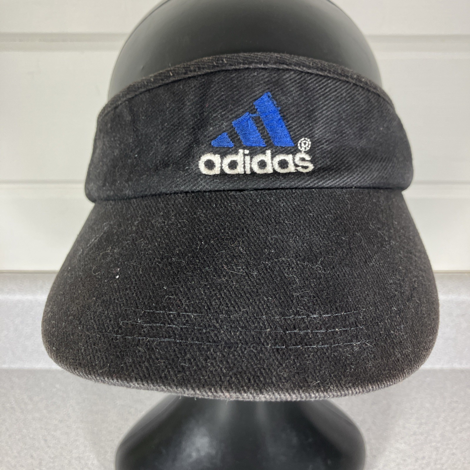 Vtg Adidas Visor Hat Cap 80s 90s Y2K Black Faded Gorpcore Black Blue Distressed