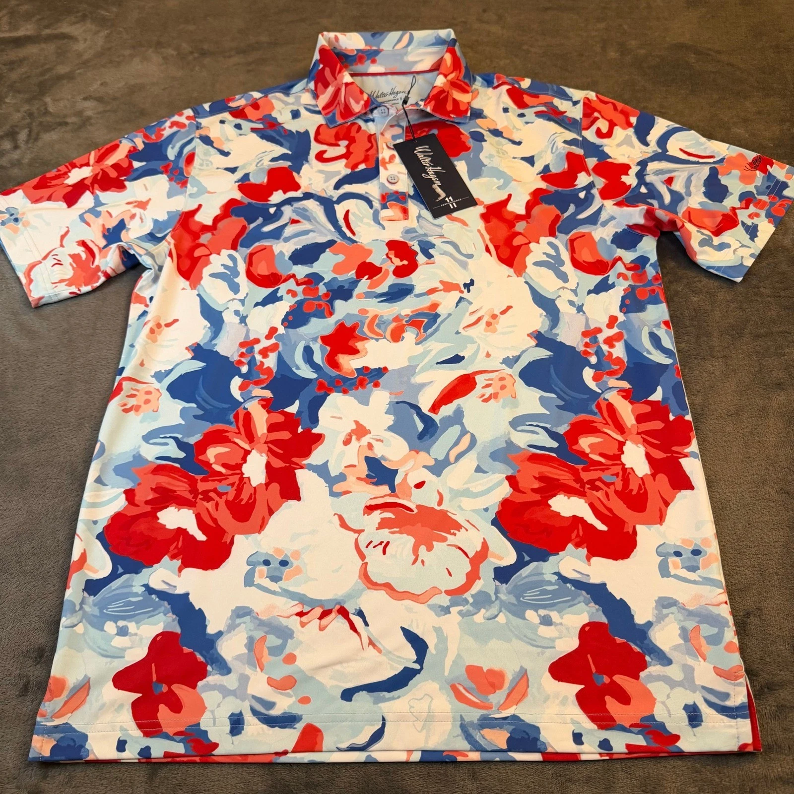 Walter Hagen Guacho Florals Red Blue Performance Golf Polo Shirt Mens Small NWT