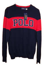 NWT POLO RALPH LAUREN Men Navy Pullover Sweater POLO Spell Out Logo Sz M