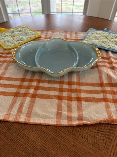 Fire King Divided relish tray Vintage Delphite Blue, Gold Trim Anchor Hocking