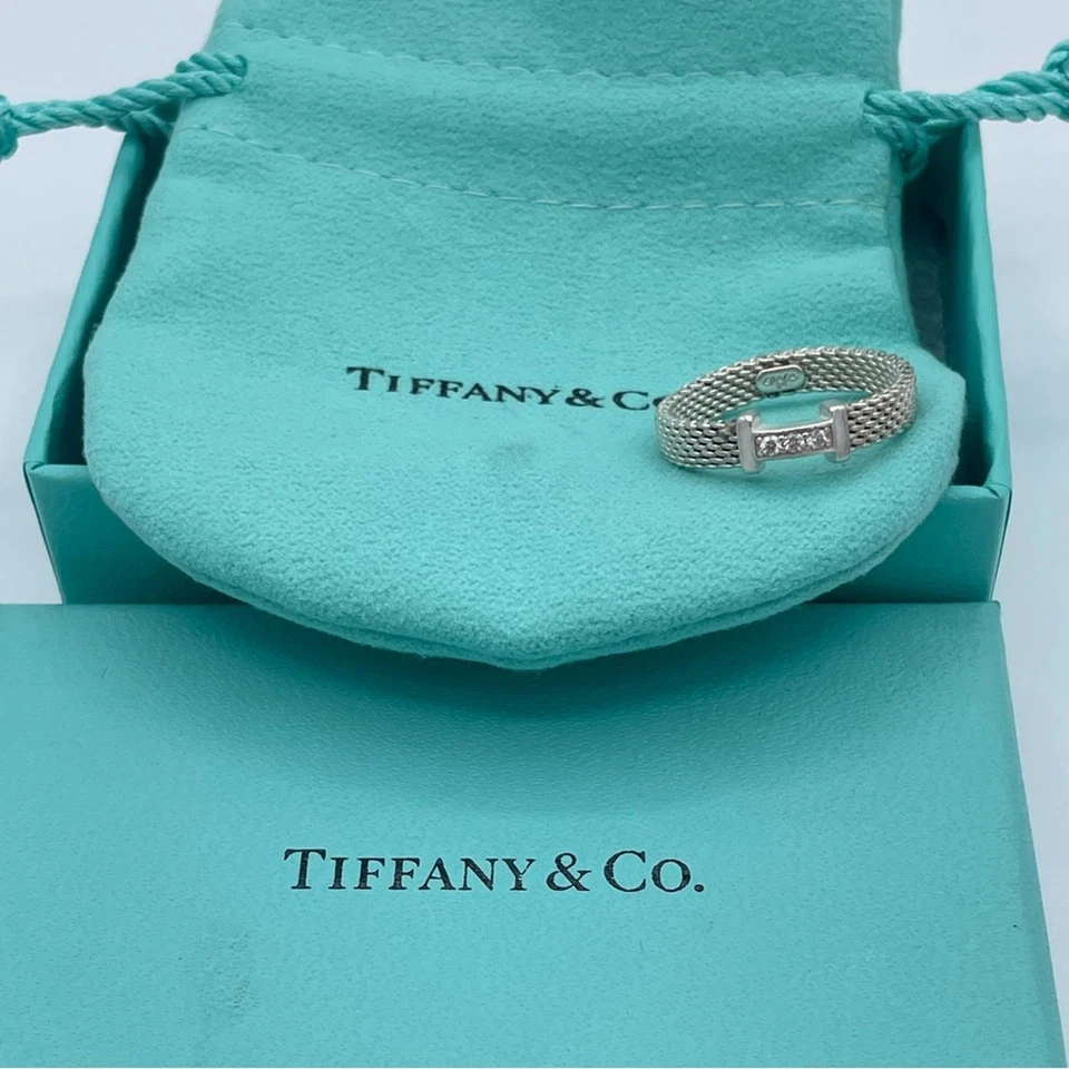 Anillo Tiffany & Co. Somerset Malla Diamantes Plata de Ley 925 Banda Listo para Regalo Foto 2 de 4