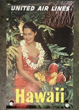 Vintage United Airlines Poster Hawaii Original Hawaiian Woman Fruits Advertising