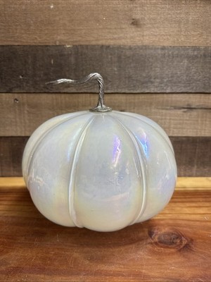 Art Glass Iridescent Opal Milky Pumpkin Hand-Blown Metal Stem 9  Tall