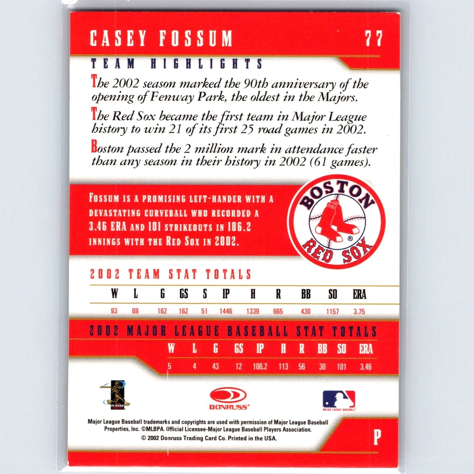 2003 Donruss Team Heroes Casey Fossum #77 Stat Line #/101 Boston Red Sox - Image 2 of 2