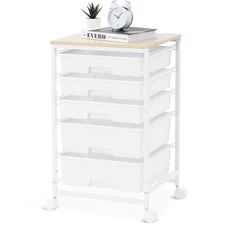 Utility Cart with 5 Drawers Storage Trolley Wooden Tabletop Wheels Bright White