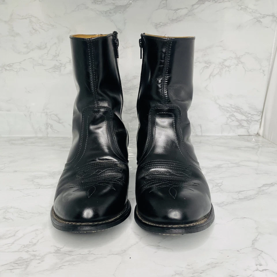 UFCW Men's Sz 8 EE 1199 Black Leather VTG Cowboy Ankle Boots USA Zip Up - Image 2 of 4