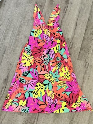 Maaji Tropical Floral Maxi Dress M Plunge V Neck Neon Resort Vacation Colombia